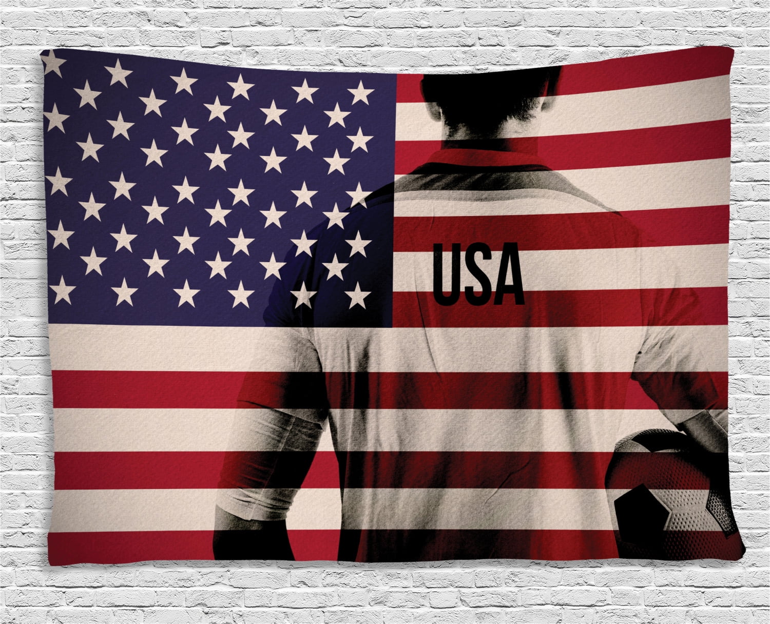 Soccer Tapestry, Composite Double Exposure Image of a Soccer Player and  American Flag Usa Run, Wide Wall Hanging for Bedroom Living Room Dorm, 60