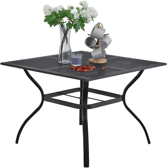 Outdoor Dining Table with Umbrella Hole Metal Patio Table Square Black