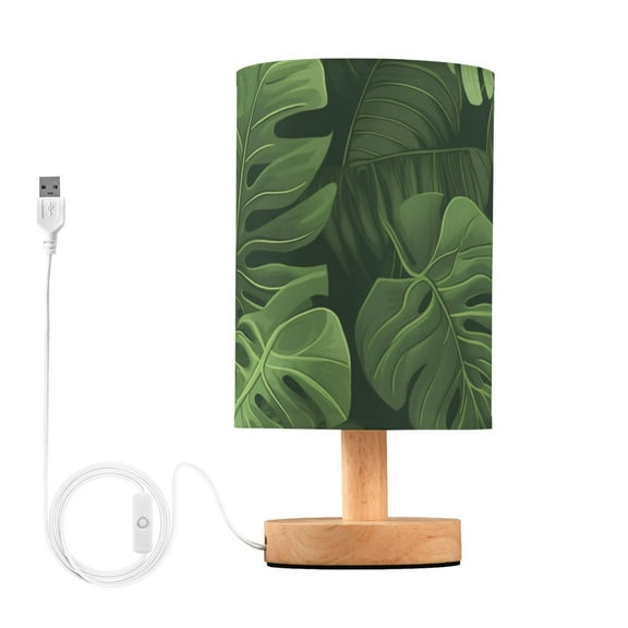 Leaves Green Table Lamp USB Bedside Desk Nightstand Lamp Printed Gifts Small Lamp Wood Base for Bedroom Living Room Kids Room College Dorm