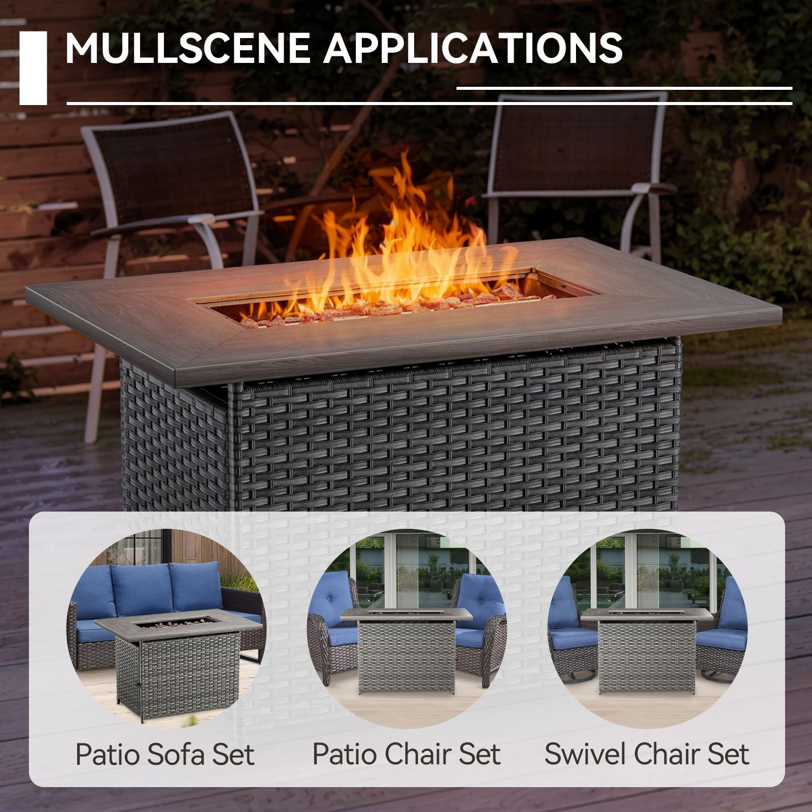 OPOHORO 41" Rectangular Propane Fire Pit 50,000 BTU Outdoor PE Wicker Fire Pit Table with Lid, Gray