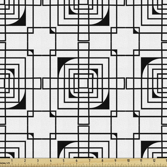 Geometric Fabric by the Yard Upholstery, Art of Concentric Squares and Rectangles Symmetrical Streaks, Decorative Fabric for DIY and Home Accents, Charcoal Grey and White by Ambesonne