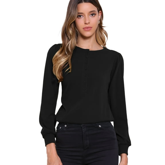 DARING DIVA Women's Long Sleeve Casual Crew Neck Blouse L Black