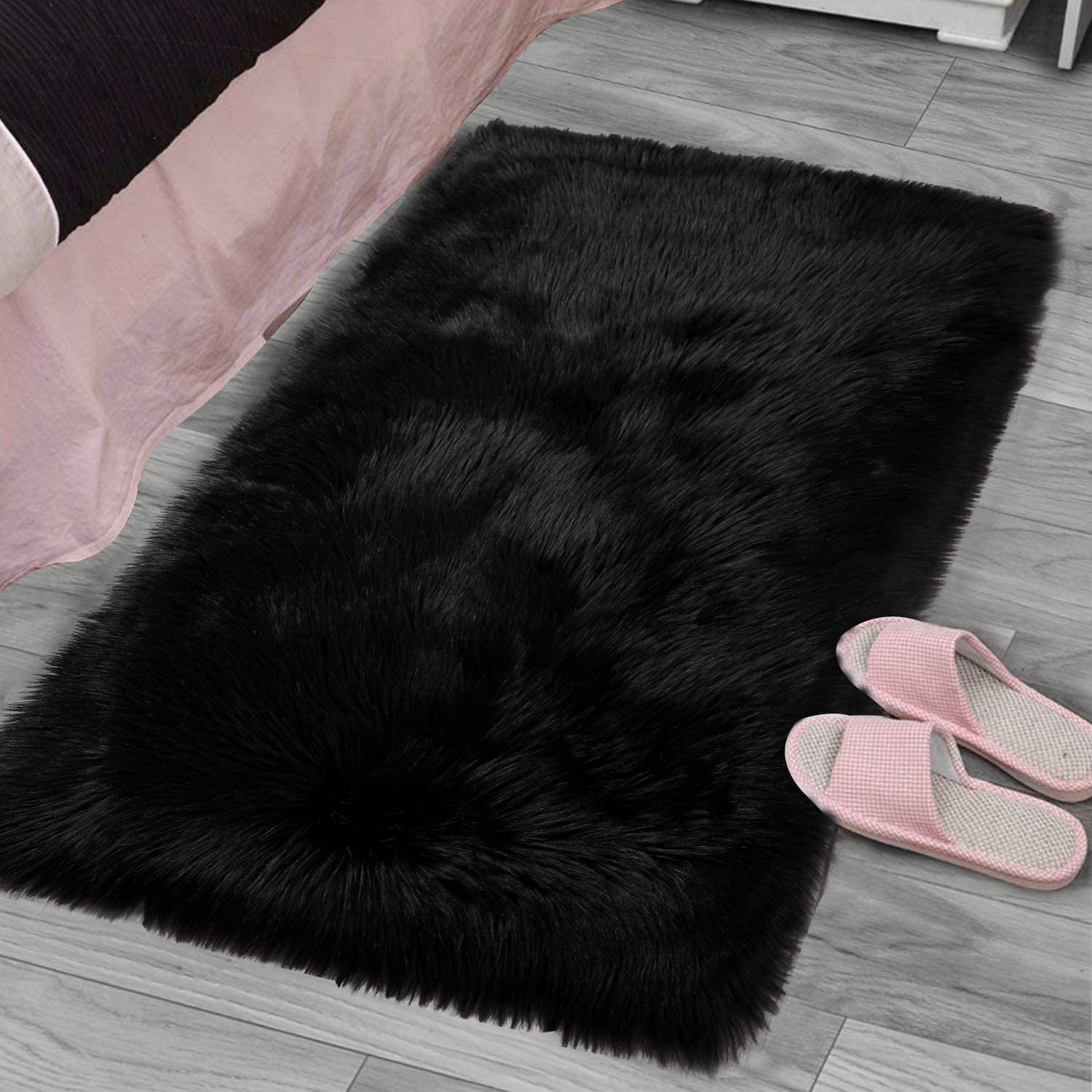 LOCHAS Ultra Soft Fluffy Rugs Faux Fur Sheepskin Area Rug for Bedroom Bedside Living Room Carpet Nursery Washable Floor Mat 2x3 Feet Black