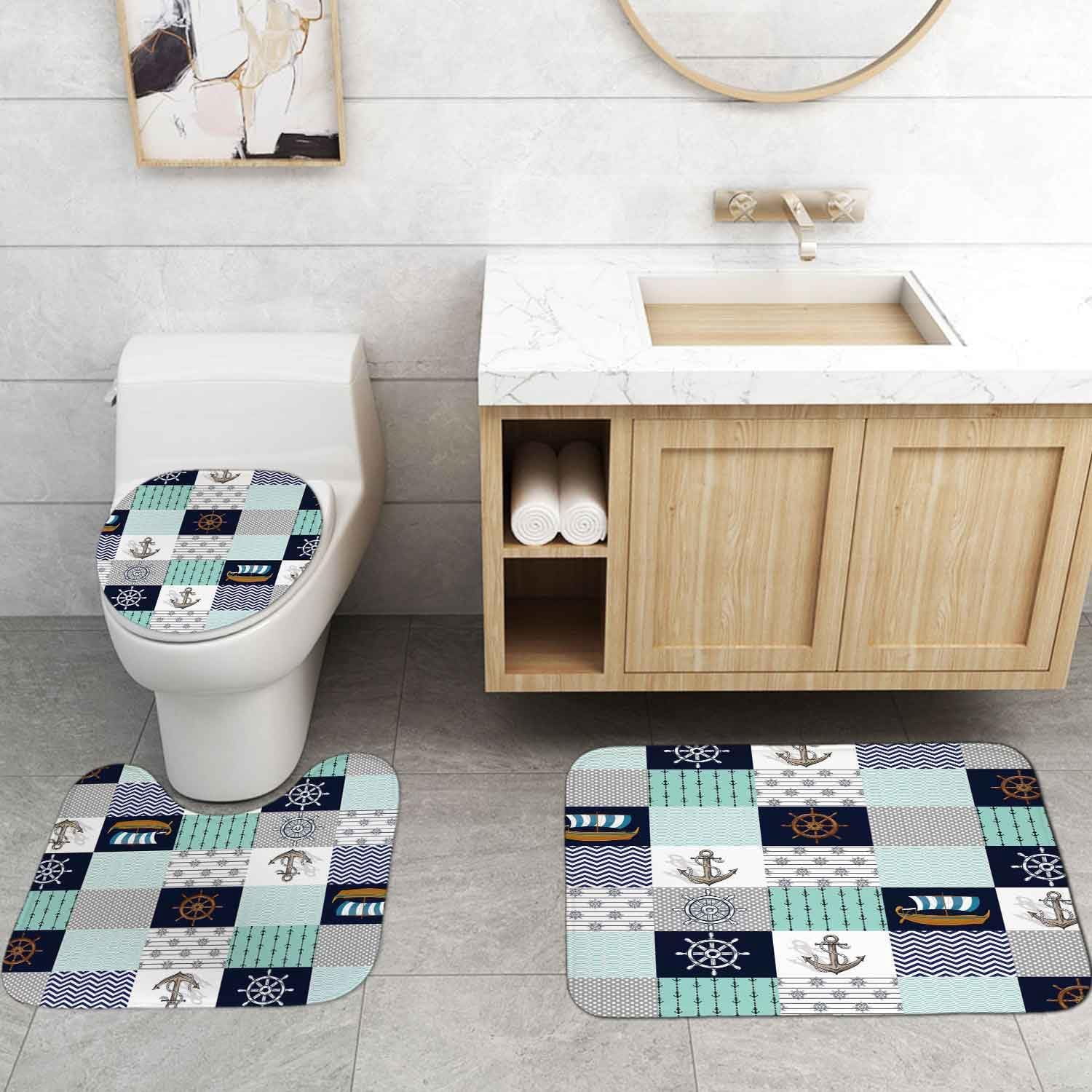 4PCS Red Anchor Shower Curtain Set, Waterproof Fabric Shower Curtain, Non-Slip Bath Mat Bathroom Rugs Navy Blue White Stripes Abstract Geometric Modern Navigation Ocean Nautical Bathroom Decor