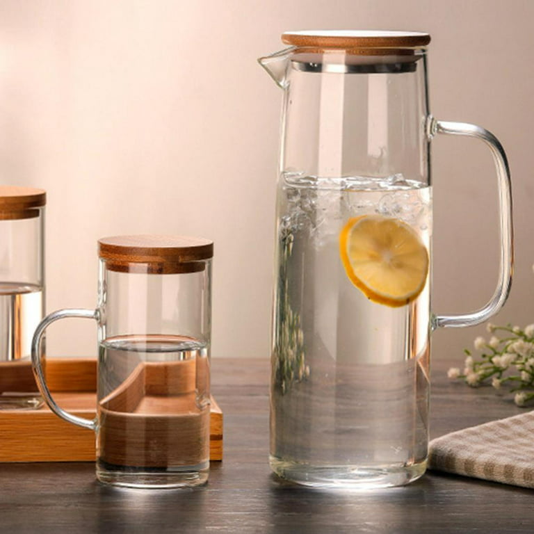 Glass Pitcher with Bamboo Lid - High Heat Resistance Stovetop Safe Pitcher  for Hot/Cold Water & Iced Tea (1200ML 42oz)