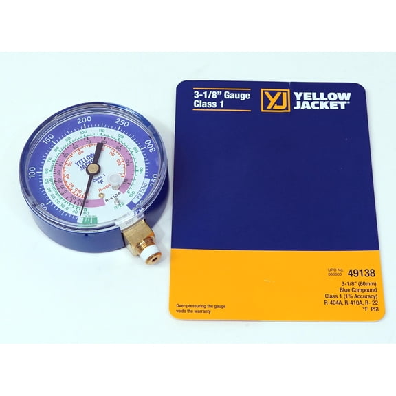 Yellow Jacket Low Side Gauge, 3 1/8 in Dia, Blue 49138