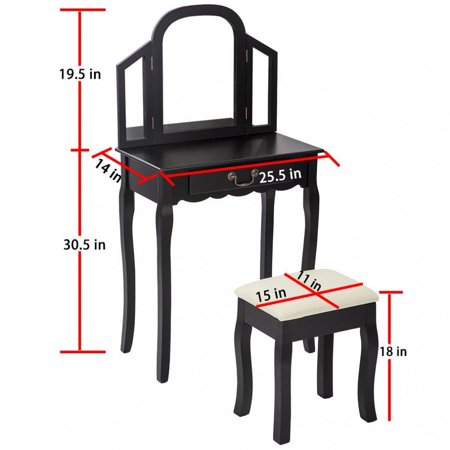 Makeup Table Set With Tri Folding Mirror Vanity Makeup Table Stool Set Black - Walmart.com 