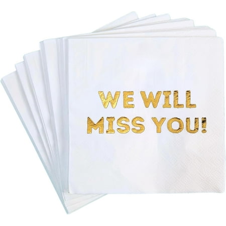 We Will Miss You Cocktail Napkins - 50 Pack White - Farewell, Going Away, Retirement Party Decorations Supplies, Coworkers Leaving Goodbye, Military Army Good Luck, Moving Celebrations