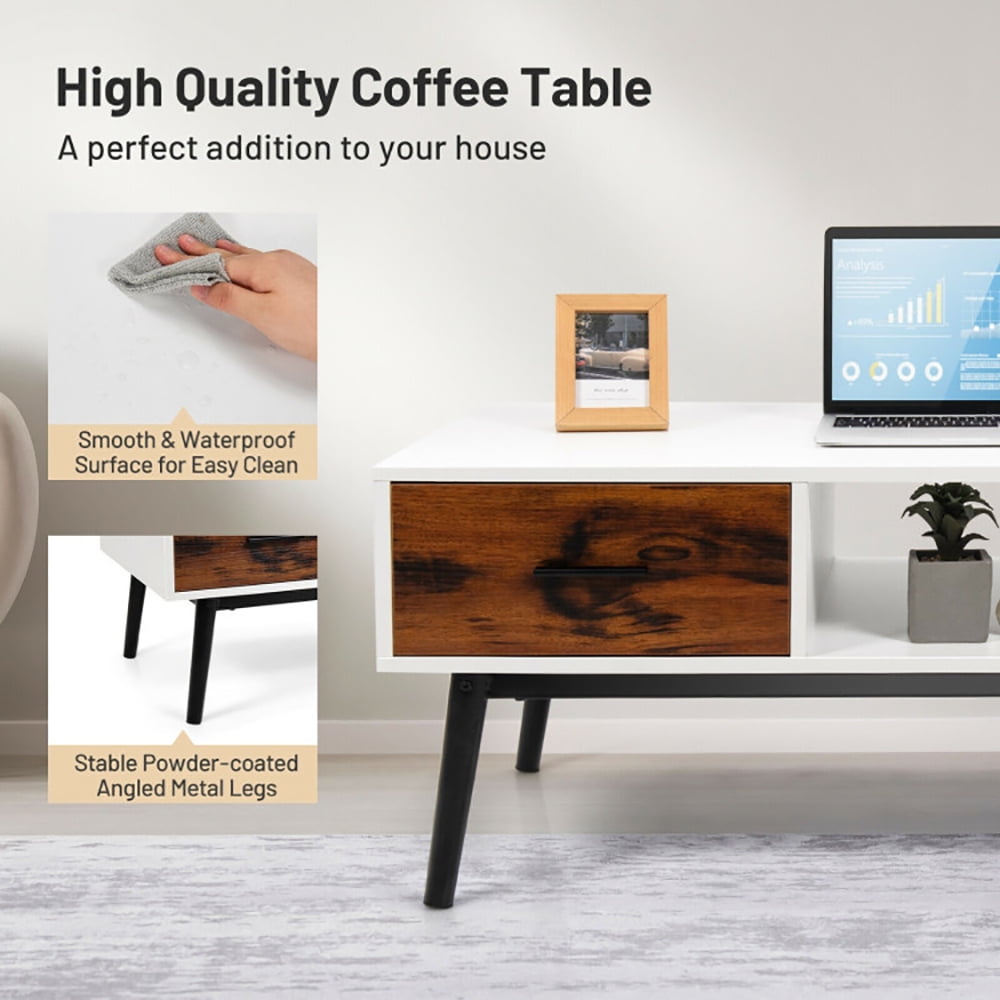 Finihen Wooden Coffee Table, Rectangular Coffee Table, Rectangular Wooden Coffee Table with Drawer and Open Storage Shelf, for Living Room, Reception Room, Office, White