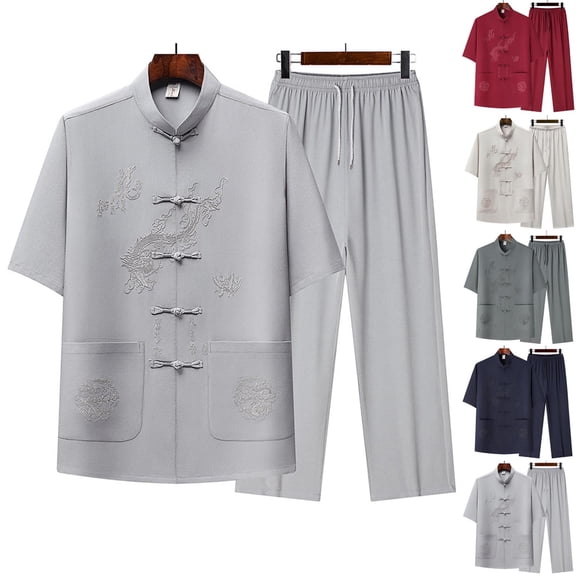 Men's Summer Casual Short Sleeve Turndown Collar Shirt Top and Shorts Set Comfy Solid Color Loose Fit Loungewear Beach Vacation Travel Outfits | AESTIVO,Beige L
