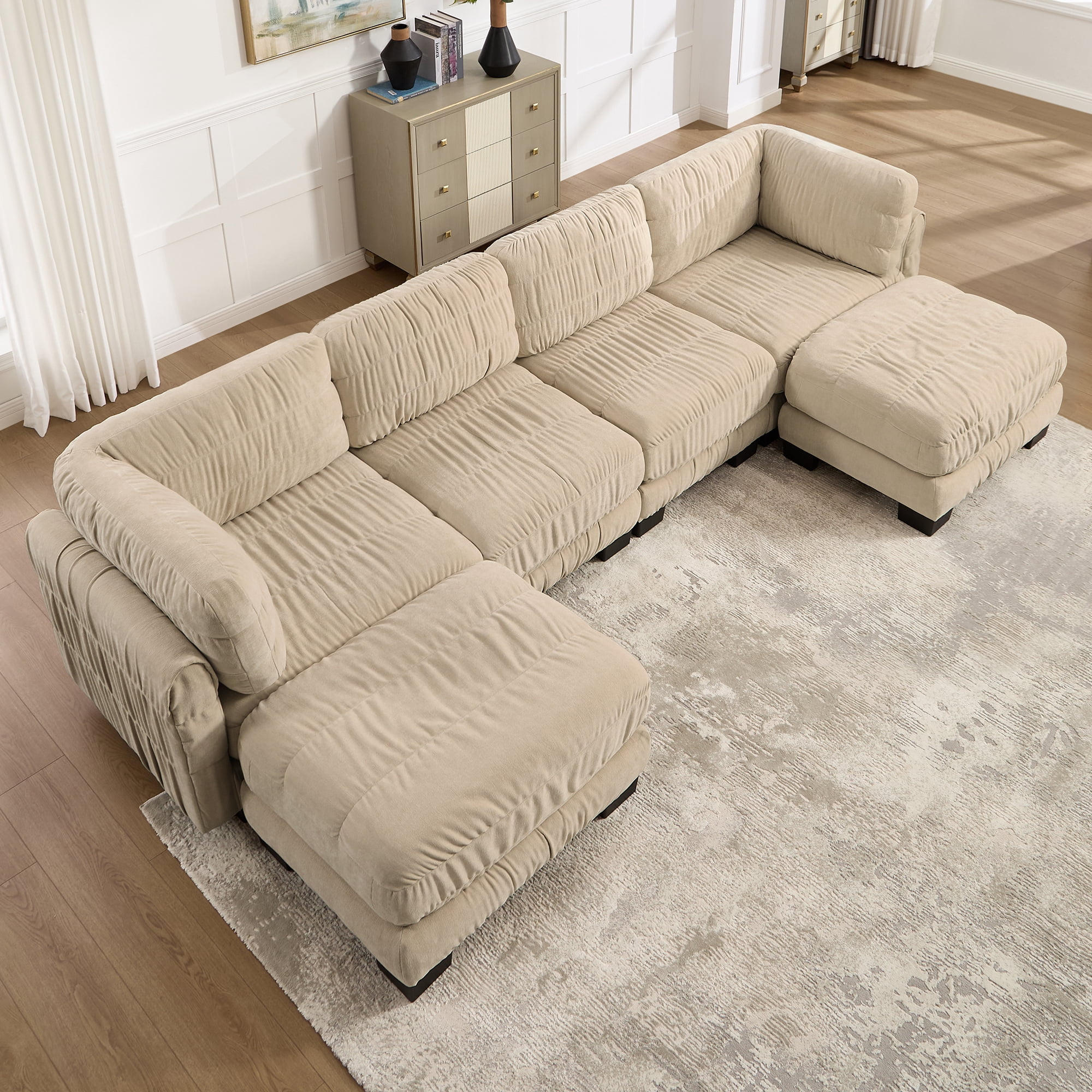 140" U Shape 4 Seat Ruched Chenille Modular Sectional Sofa with 2 Movable Ottomans,Easy Assembly