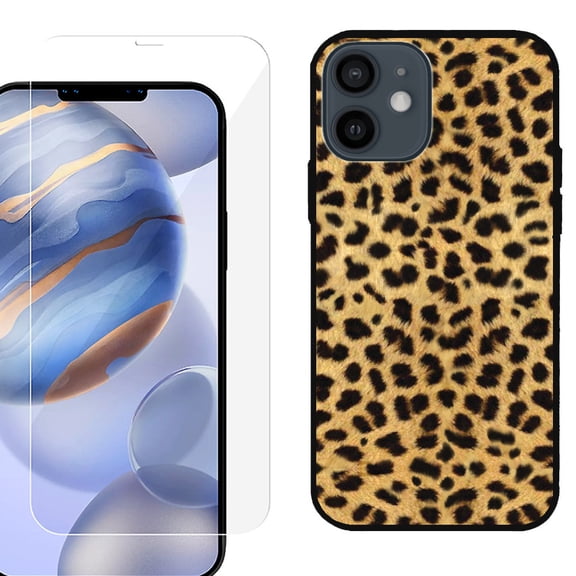 Slim-Fit Protective Phone Case (Black) compatible with iPhone 12 / iPhone 12 Pro, with Tempered Glass Screen Protector, by OneToughShield ® - Cheetah Gold/Black