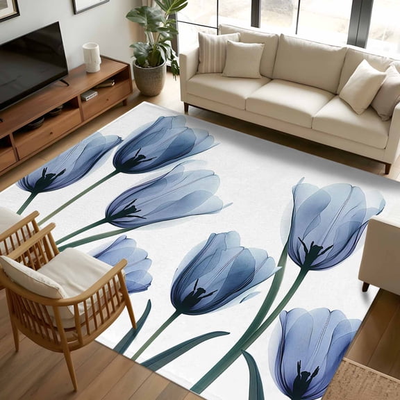 Blue Tulips 6x9 Area Rugs, Spring Summer Floral Rustic Botanical Non-Skid Rubber Backing Large Rectangle Rugs - Living Room Bedroom Home Office, Indoor Floor Mat Carpets Washable Rug