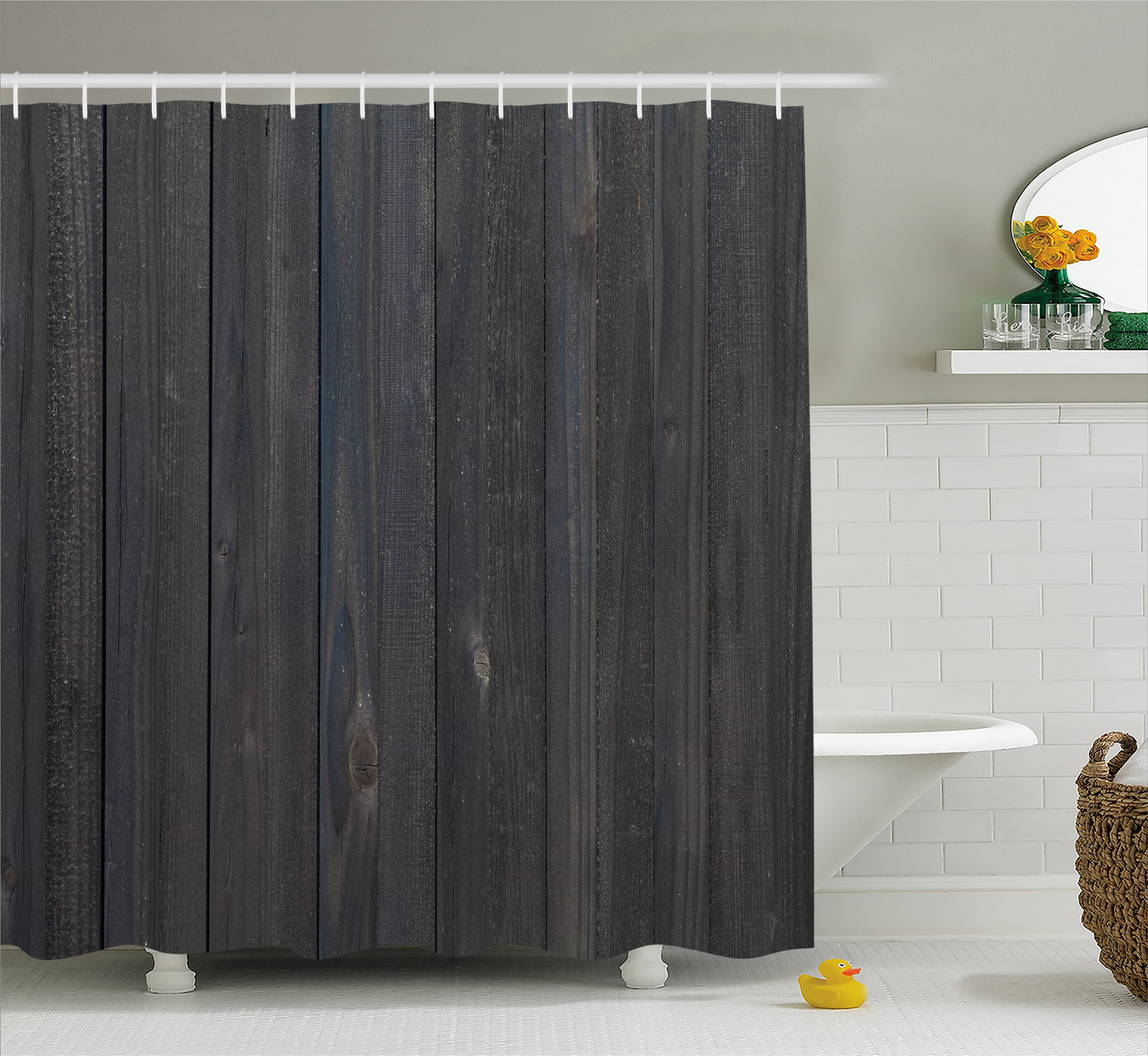 Dark Grey Shower Curtain, Wood Fence Texture Image Rough Rustic