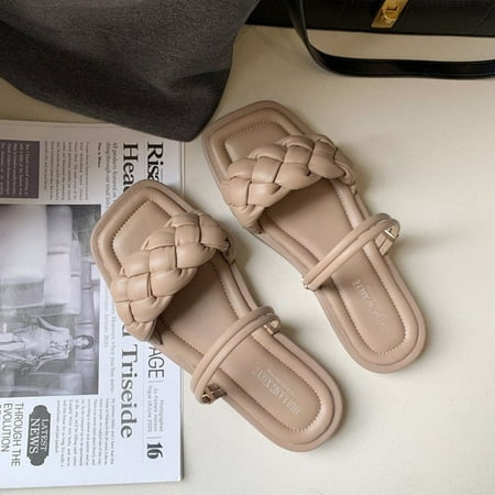 

Women s Sandals Knitted Braid Style Open Toes Slip on Shoes Square Toe Casual 37 Brown 1pair