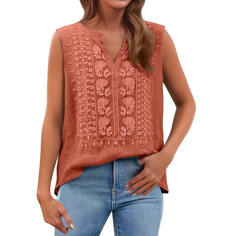 トップス cotton embroidery vest louren Women's Cotton Linen Embroidered V Neck Sleeveless Vest Top, Solid