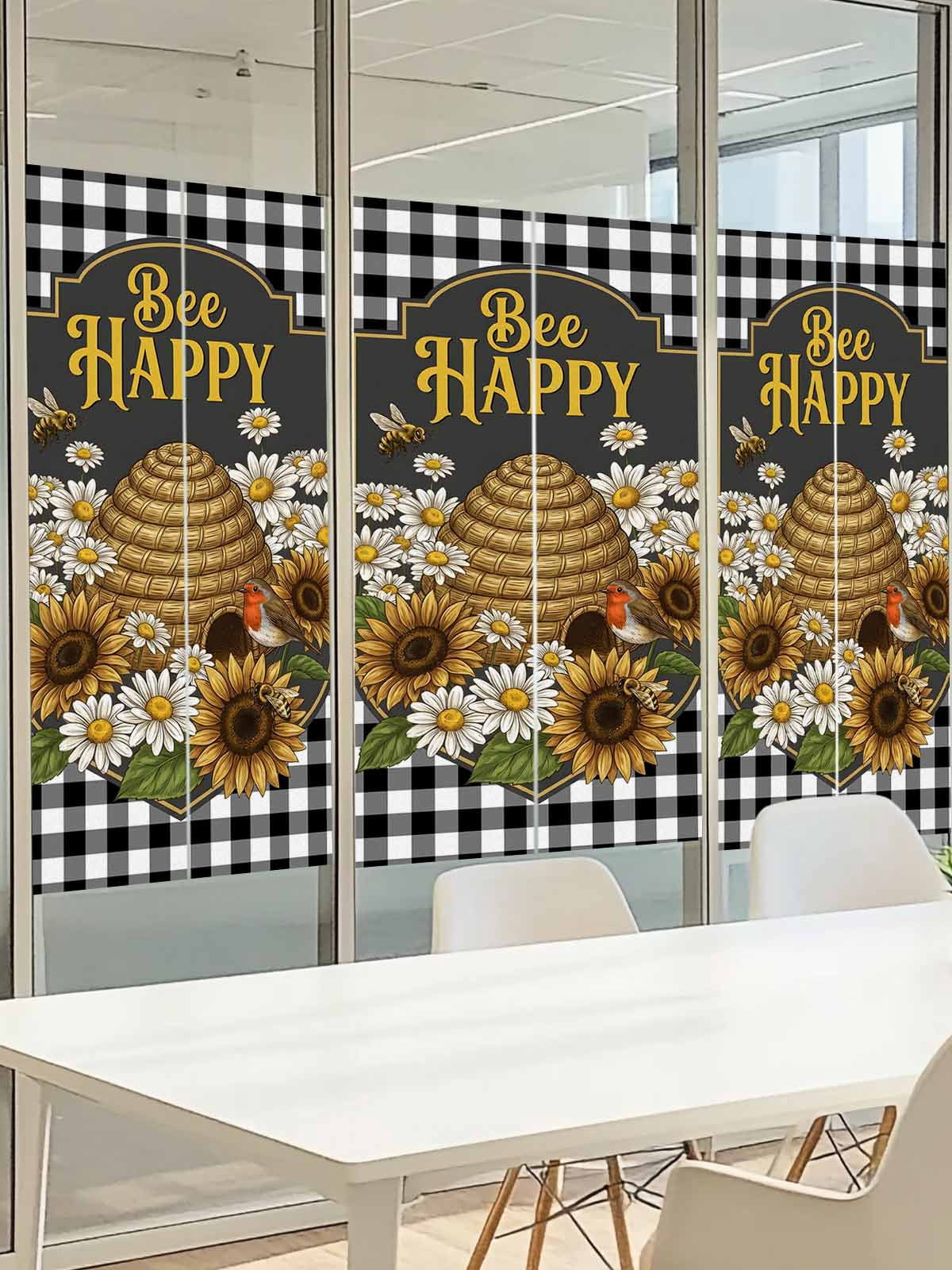 Happy Bee Window Privacy Film, Cartoon Bee Honeycomb White Daisy Black White Lattice Frame Frosted Glass Window Clings Static Cling UV Heat Blocking Reusable Door Sticker for Bathroom 23.6 x 59 Inch