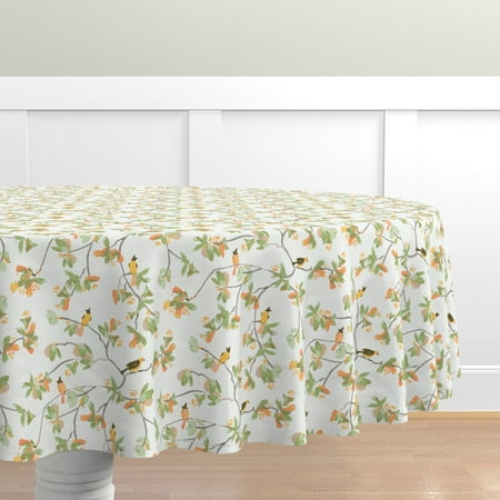 

Cotton Sateen Tablecloth 90 Round - Bird Watercolor Floral Japanese Inspired White Birds Branches Botanical Green Print Custom Table Linens by Spoonflower