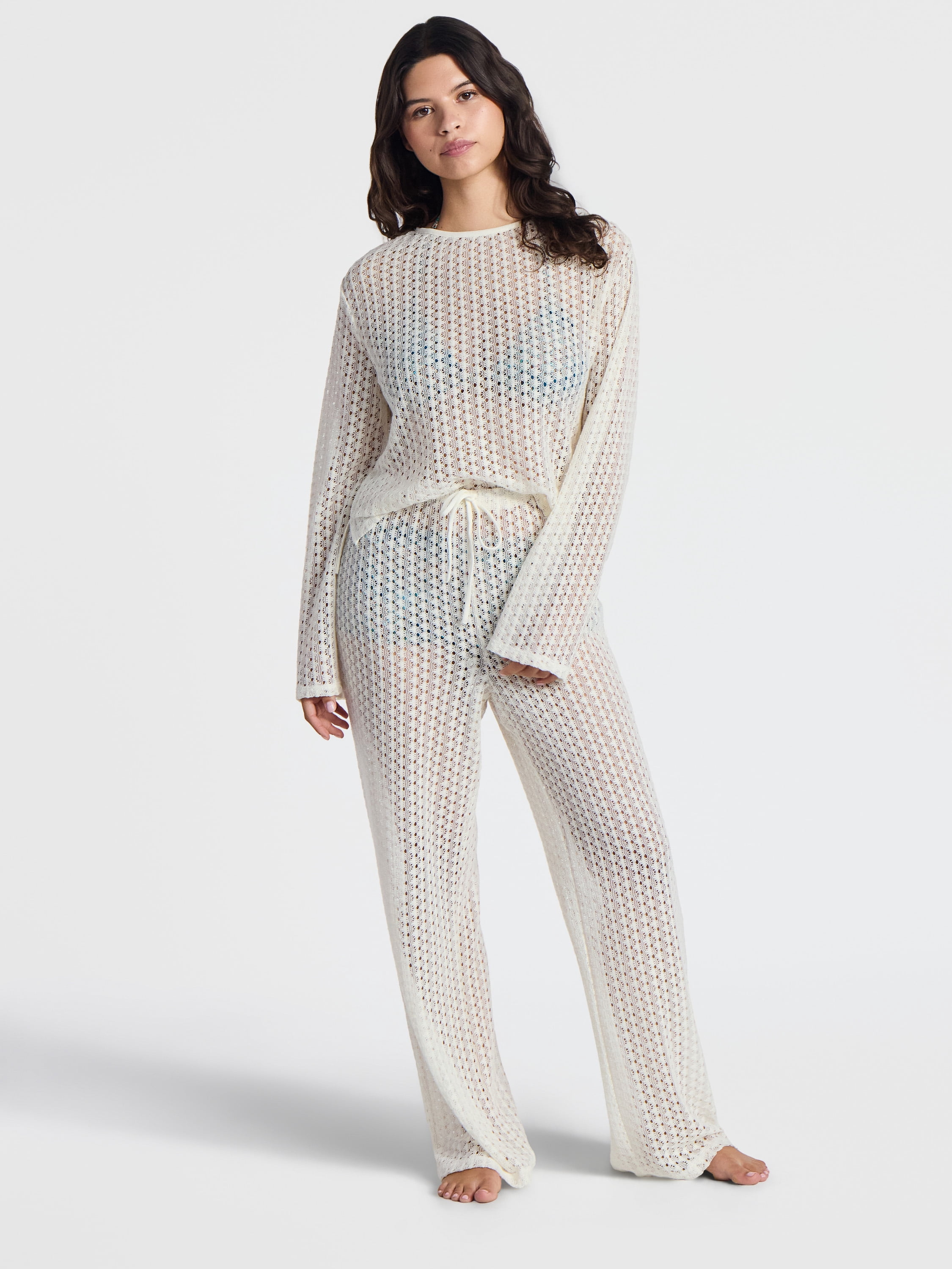 No Boundaries High-Low Crochet Swim Coverup with Long Sleeves, Women's
