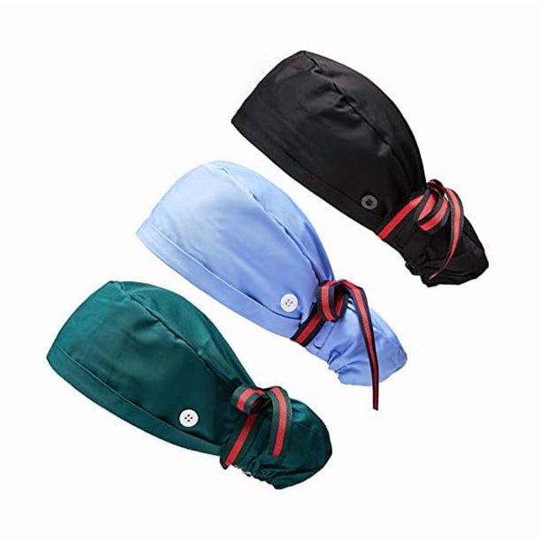 wonima11 Scrub Cap Ponytail Working Cap with Buttons and Ribbon Tie for Women Long Hair Halloween Chemo Hats Cancer Headwear Head Scarfs 3-Piece Multicolor