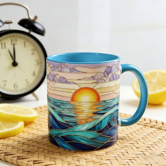 Stained Glass Sunset Mountain View Mug - Glass Coffee Cup with Scenic Design, Unique Gift for Home & Office Use, Durable Heat-Resistant Glass Mug, Perfect for Hot Beverages & Decorative, Colouful