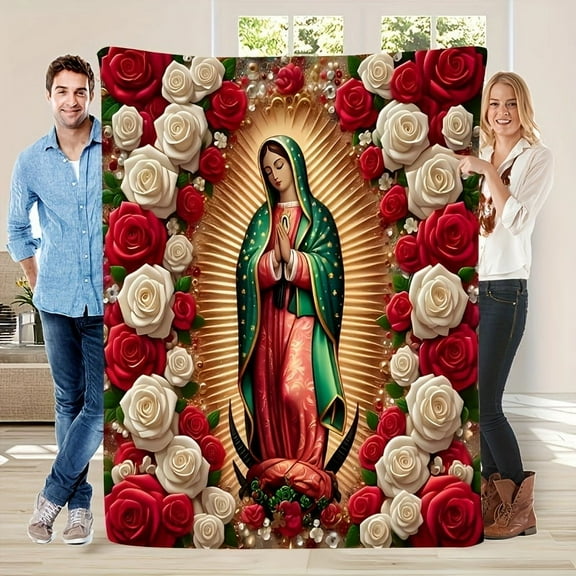 Virgin Mary with Roses Pattern Flannel Throw Blanket, Tear-Resistant Polyester, Digital Print, All-Season Multipurpose for Home Decor, Nap, Office Shawl, Sofa, Travel - Ideal Gift