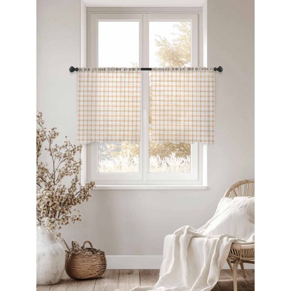 Orange Grid Sheer Curtains 45 inches Long 2 Panels Set Pale-Orange Checkered Lines Classic Plaid Stripes Country Tiers Sheers Small Window Short Curtains for Kitchen Cafe, Each 52" W x 45" L