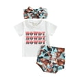 thumbnail image 1 of ZAXARRA Ensemble d'Été pour Bébé Filles Manches Courtes Imprimé Lettre + Short Imprimé Tête de Bétail + Bandeau, 1 of 8