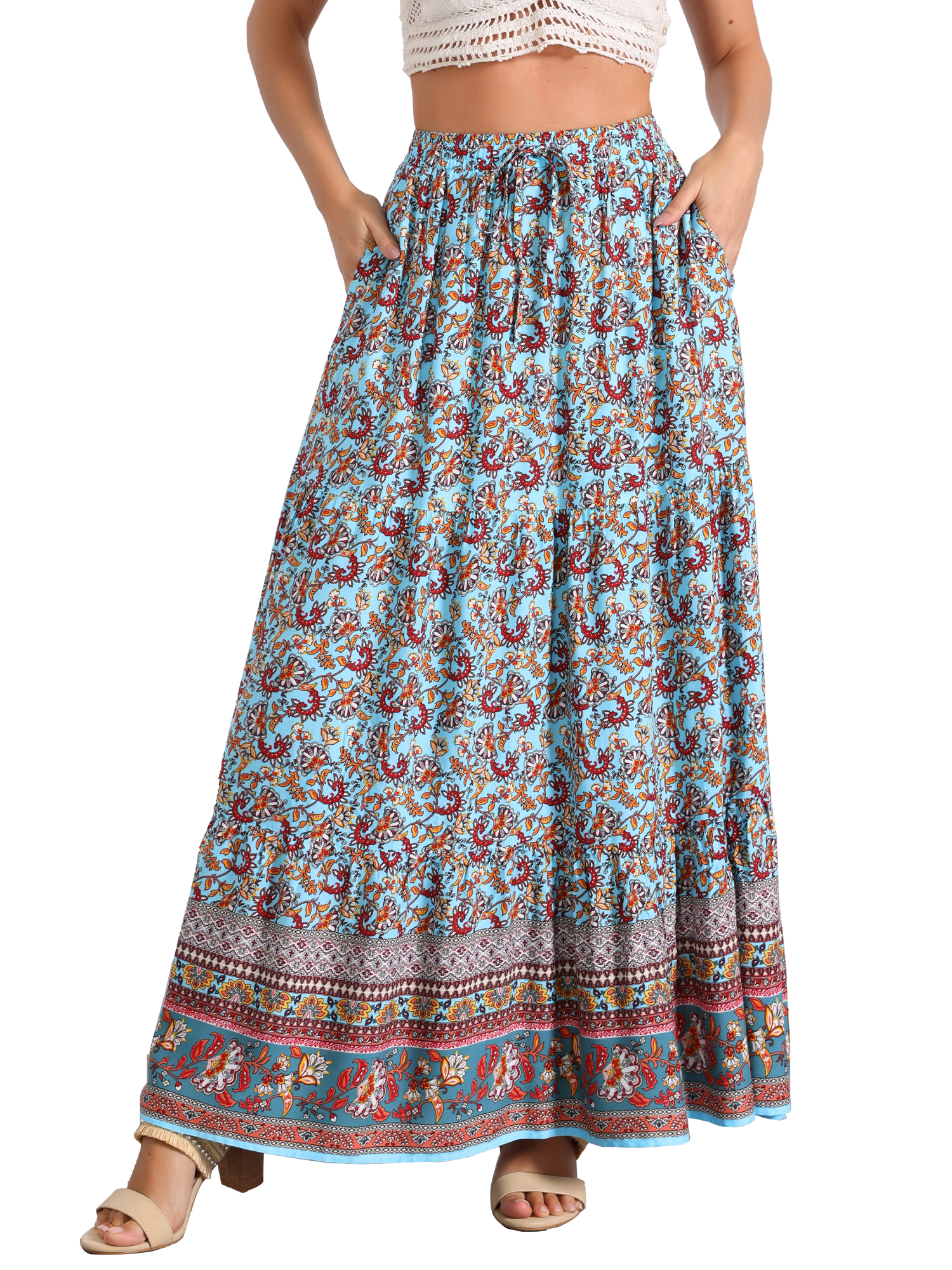 M&Co Paisley Print Maxi Skirt – Navy Mix, Elasticated Waist, Size 10-22, 100% Polyester