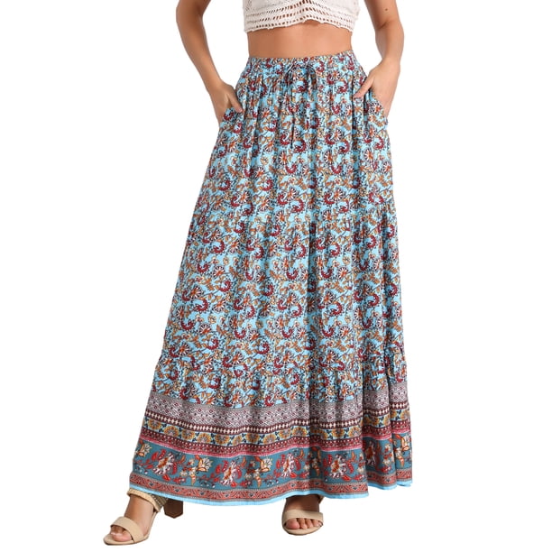 Faldas Boho para Mujeres INSPIRE CHIC con Estampado Floral, Faldas Maxi Casual de Cintura Elástica, Primavera Verano, XL Azul