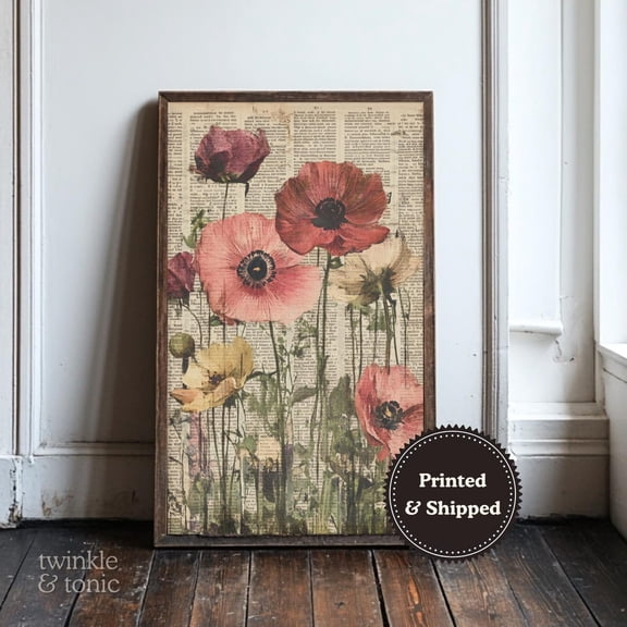 Flower Dictionary Art Print Vintage Poppies Wall Dã©Cor Book Lover Gift Cottagecore Farmhouse Botanical Print UNFRAMED Poster, Wall Art for Decor, Present, 8x12