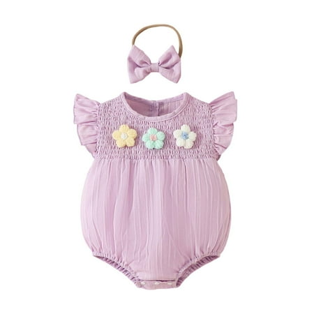 Infant Girls Smocked 3D Floral Applique Bodysuit & Fly Sleeve Shorts 2 Piece Outfits Sets Cozy Dailywear 6-12 Months