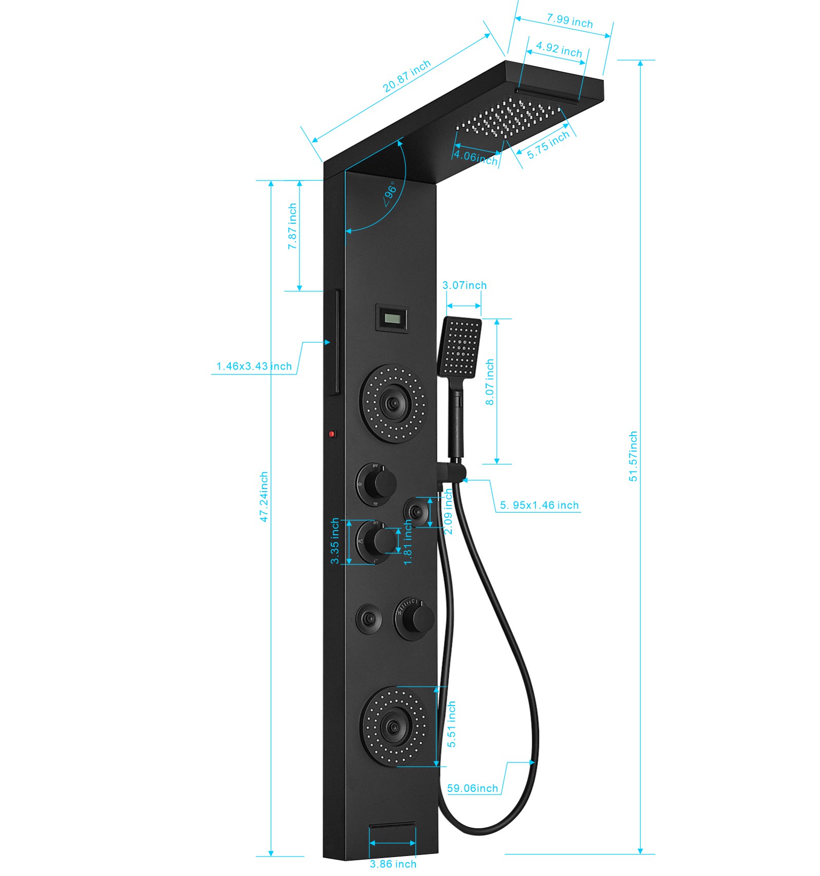 5-Jet Rainfall Shower Panel System with Rainfall Waterfall Shower Head and Shower Wand With LED Light in Stainless Steel