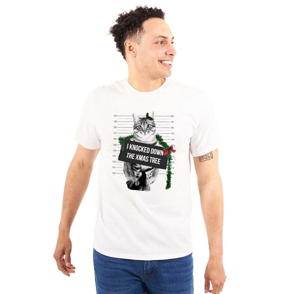 Cat Knocked Down the Christmas Tree Men's Graphic T Shirt Tees Brisco Brands S
