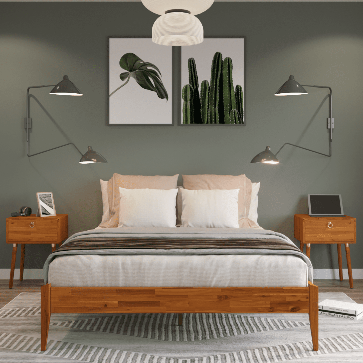 BME KEELIN Queen Size Bed, No Headboard, MODERN Style, Acacia Wooden Bed Frame, Caramel ...