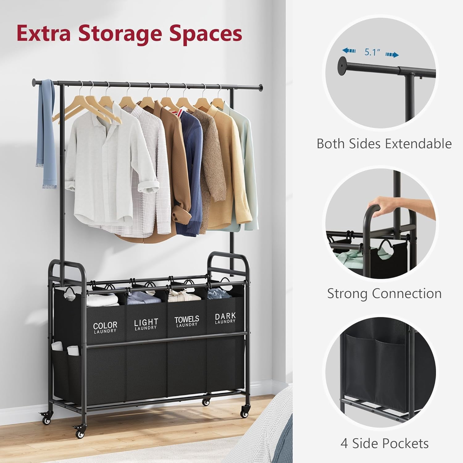 Laundry Sorter Cart with Hanging Clothes Rack, 4 Butler Sorter Basket Organizer, Laundry Hamper Cart with Heavy Duty Rolling Lockable Wheels