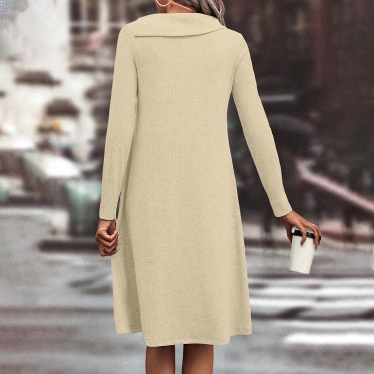 Long Sleeve Fall Winter Dresses for Women V Neck Button Down A Line Swing Casual Knit Sweater Dress Beige L