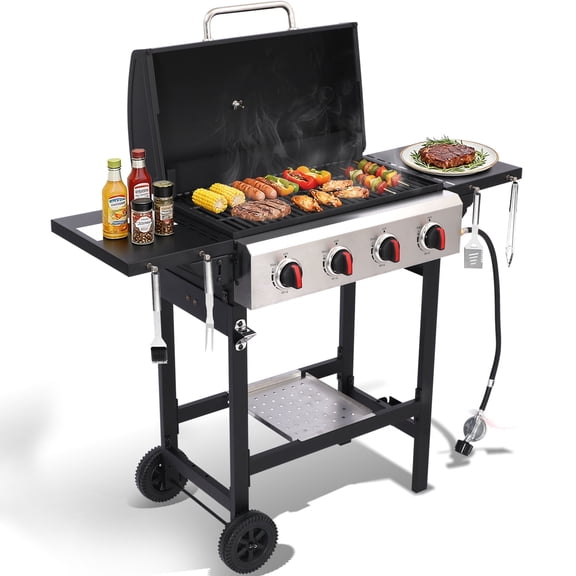Garden It 4-Burner Propane Gas Grill, 40,000 BTU Portable BBQ with Cast Iron Grates & Griddle Pan, Folding Side Table for Outdoor Camping Backyard