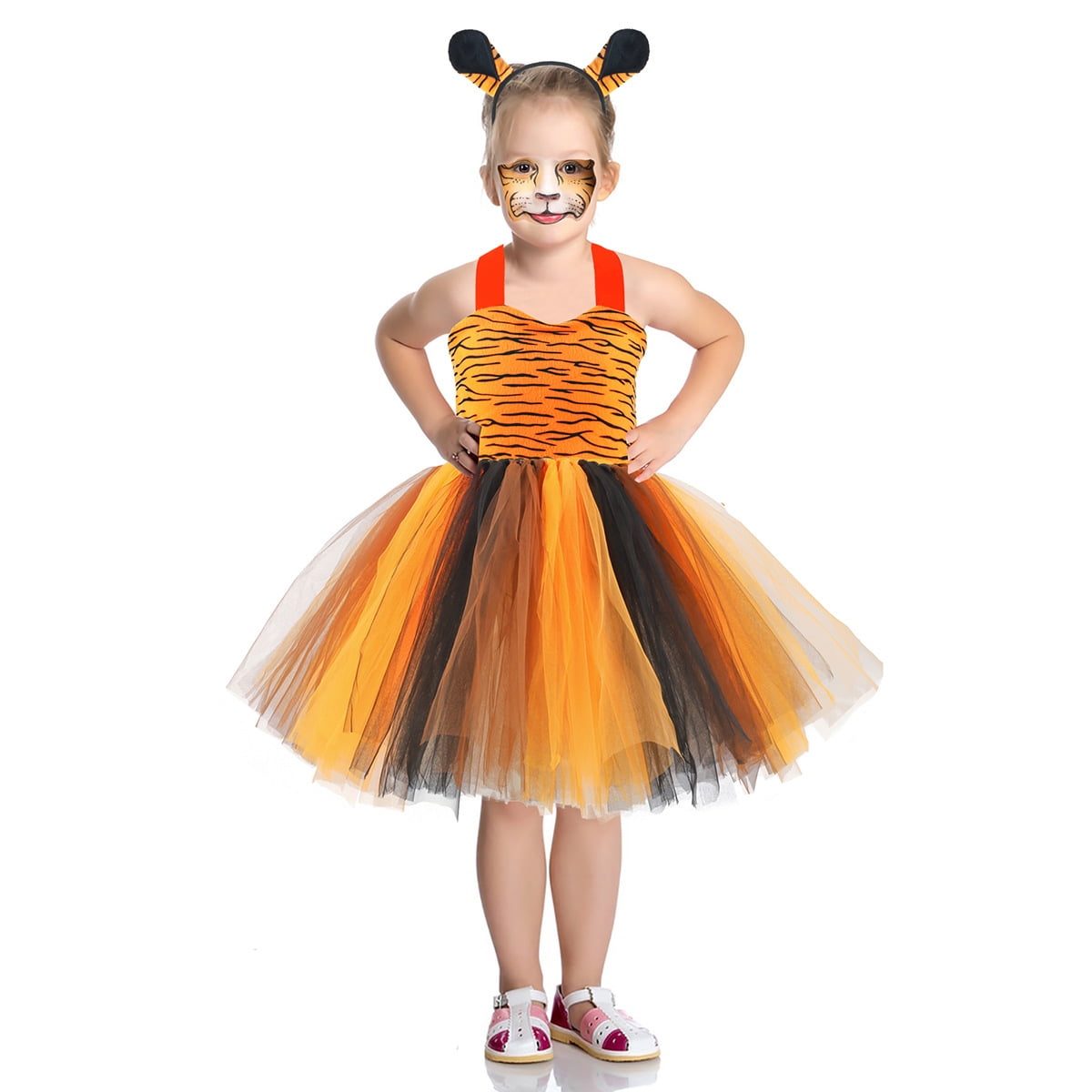 Girls Tiger Costume Halloween Tutu Dress Animal Outfits Party with Ears Headband Bowtie Tail