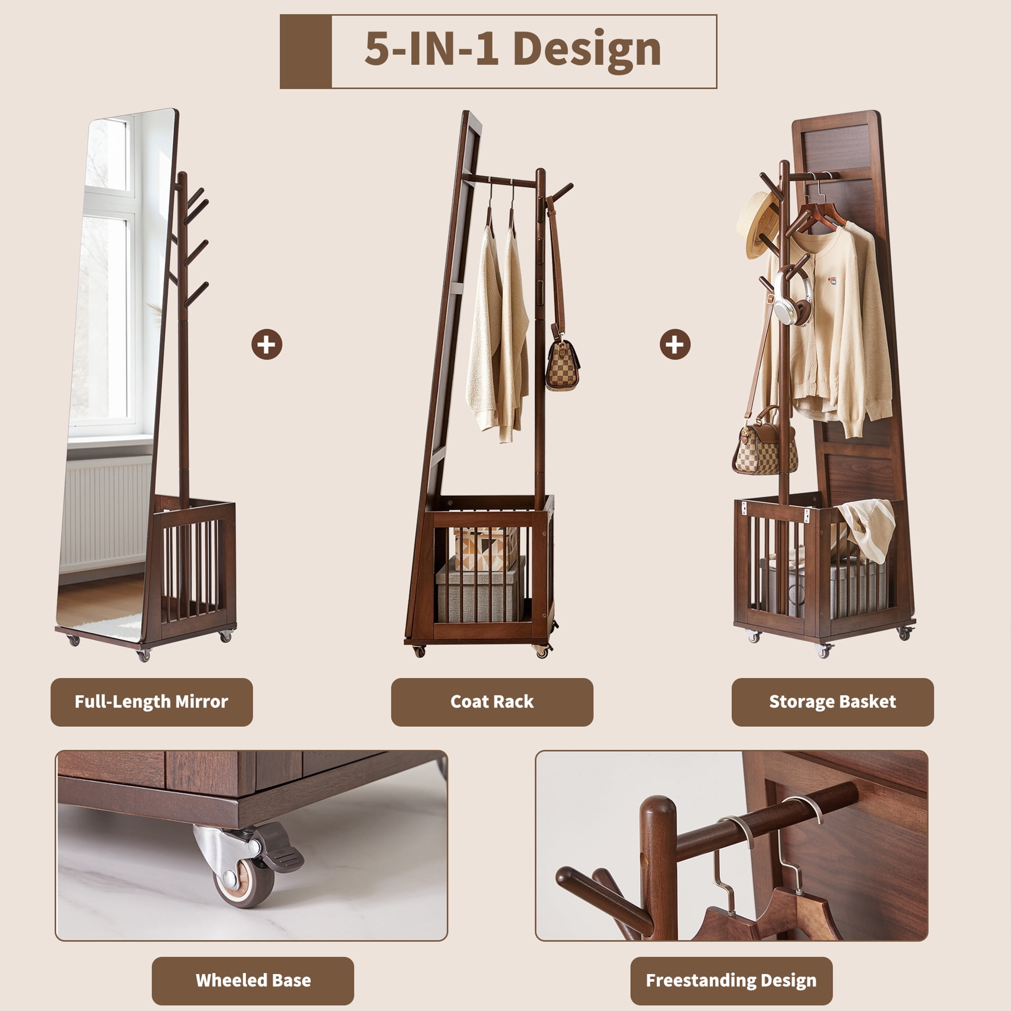 Coat Rack with Rolling Wheels and Storage Basket, Solid Wood Garment Stand and Mobile Clothes Organizer with Mirror for Entryway Hall Closet, Walnut