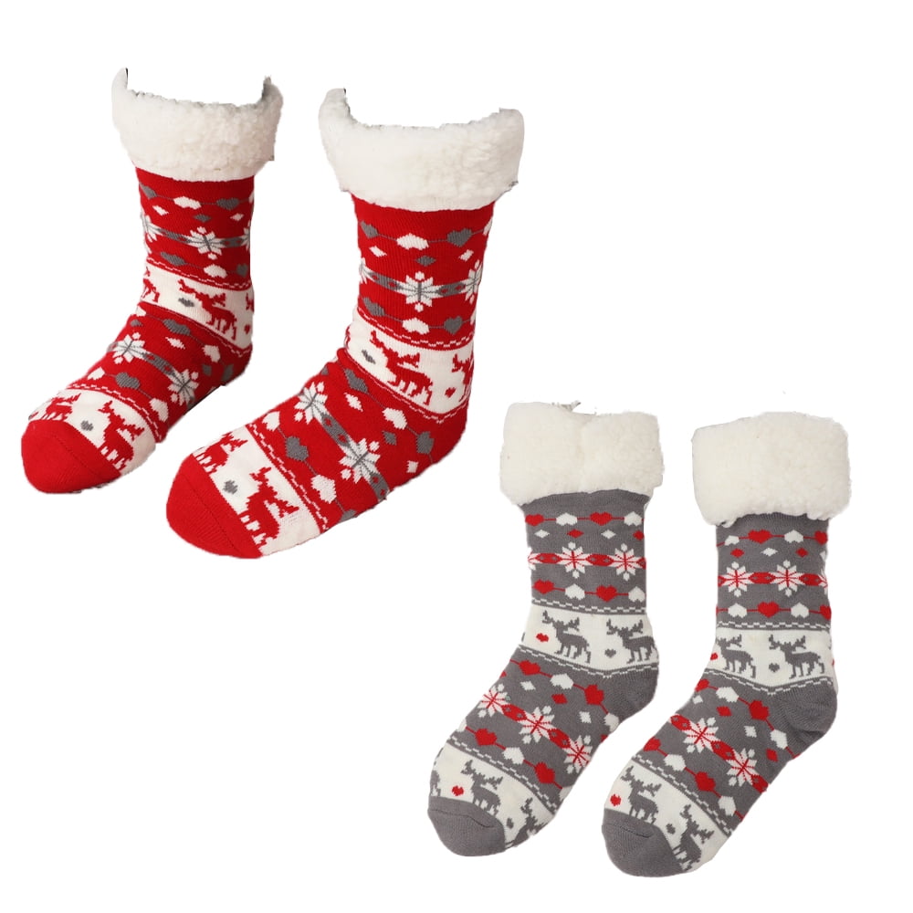 Chaussettes De Noël En Peluche - Lot De 2 Paires Antidérapantes - Taille Unique 36-42 - Motifs Renne Et Père Noël - 5