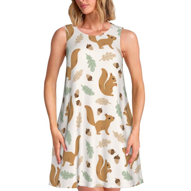 Balery Squirrel And Leaves Vestidos de verano para mujer con estampado: vestido holgado sin mangas, vestido playero informal y cómodo para días calurosos.