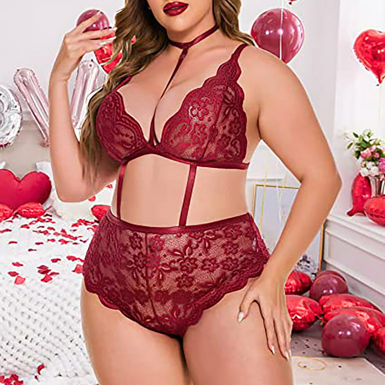 Odeerbi Plus Size Lingerie Set for Women 2024 Sexy Lace Hollow Out Babydoll  Underwear Sleepwear Intimates Jumpsuit Bodysuits Pajamas Burgundy