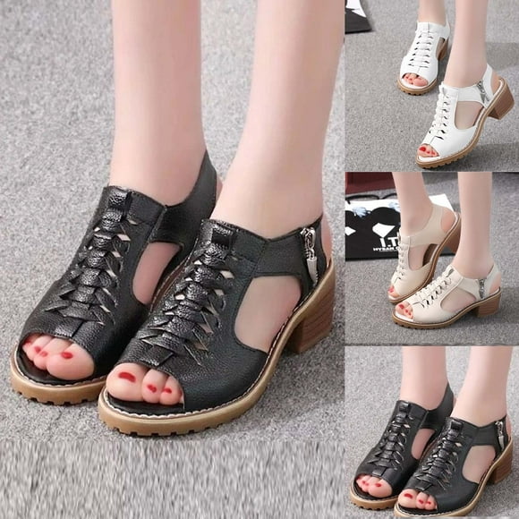 Hollow open Toe Sandals hoes for Women, Soft Leather Vintage Summer Casual Non-Slip Beach Platform Shoes Sandals apply to beach seaside walk