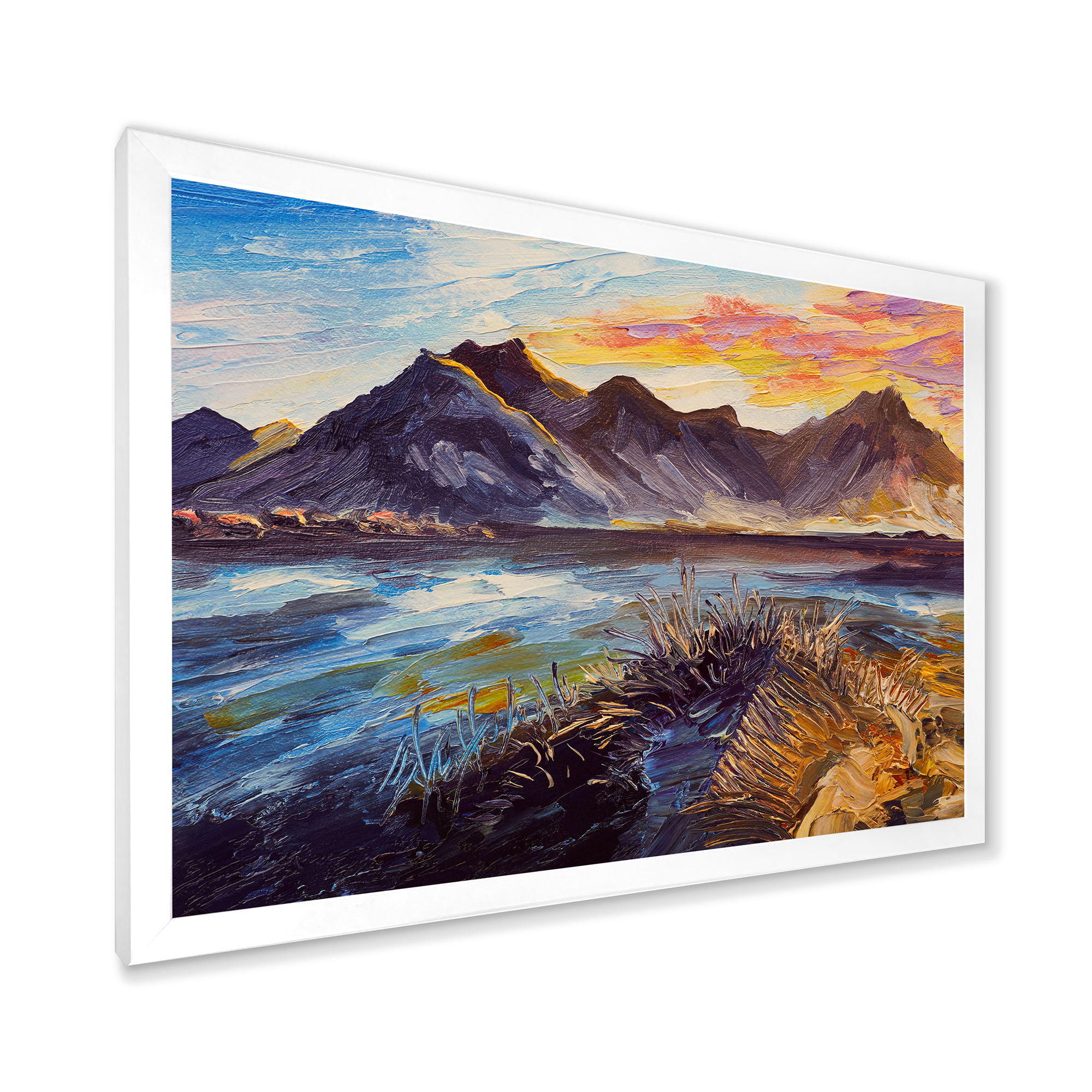 Designart 'Impression Pink Sunset Over The Mountains By The Sea' Nautical & Coastal Framed Art Print