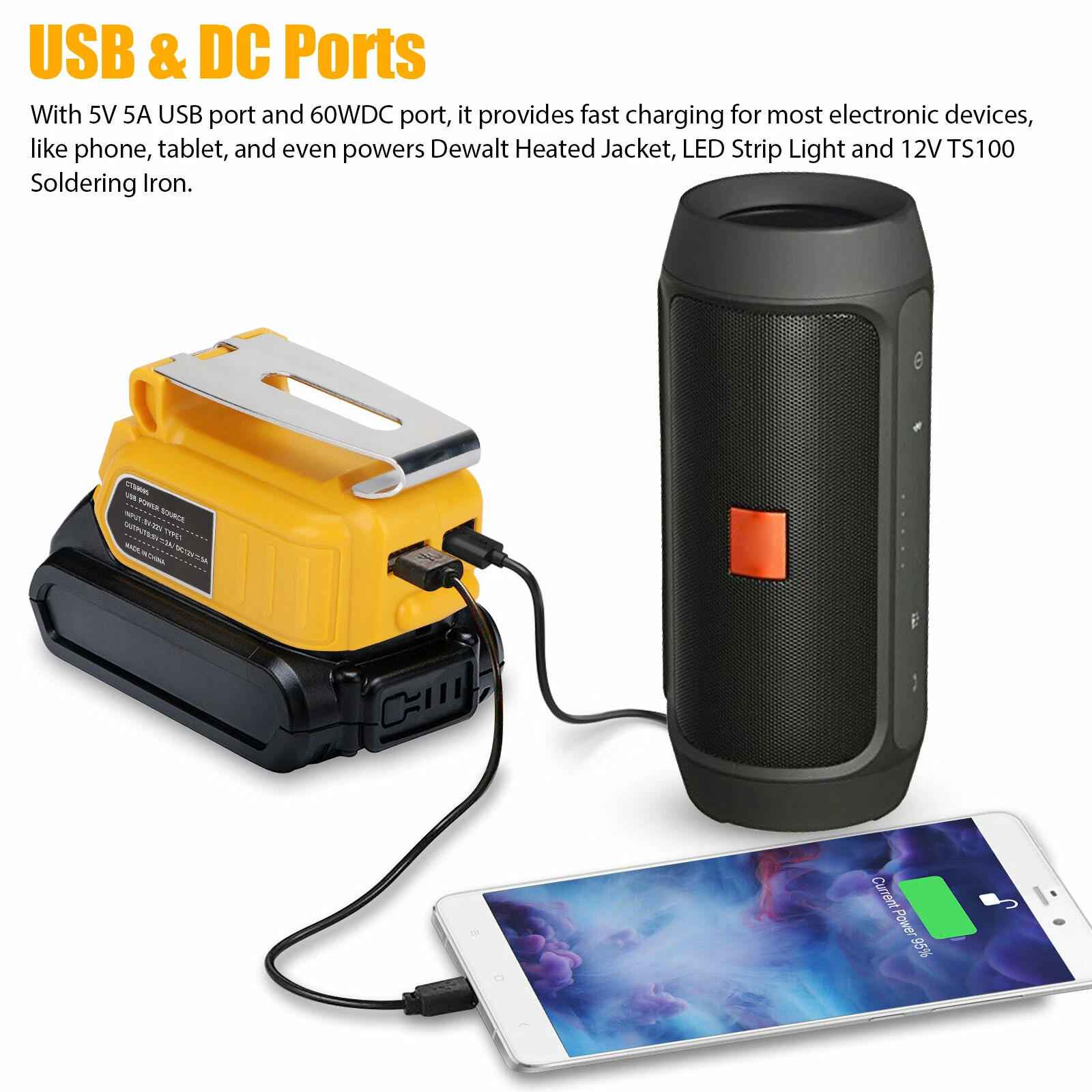Dual USB Battery Charger Adapter Power Source Converter for Dewalt 14-21V Max