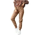 thumbnail image 2 of AOOCHASLIY Women Fall Pants Fashion Women Solid Pockets Drawstring Casual Mid Waist Leather Long Pants, 2 of 5