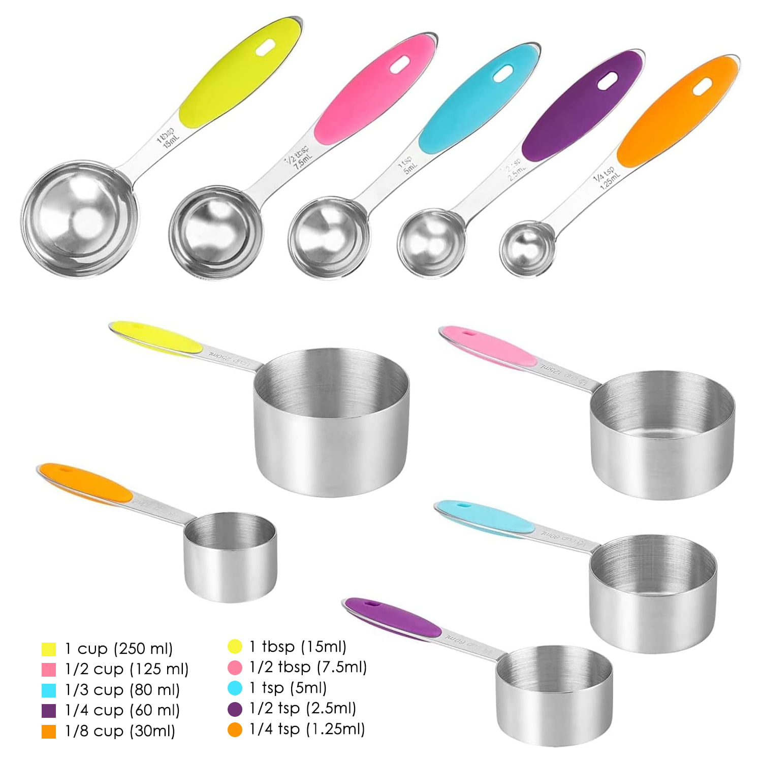 Hastings Home Stainless Steel Measuring Cups and Spoons for Baking and  Cooking - Assorted Sizes and Silicone Handle Colors, Set of 10