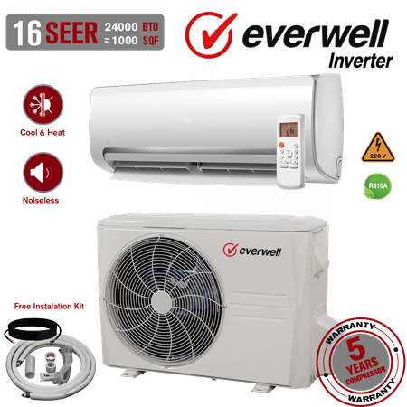 Everwell 24000 Btu 16 Seer 220V Inverter Ductless Mini Split Air Conditioner AC Heat Pump.
