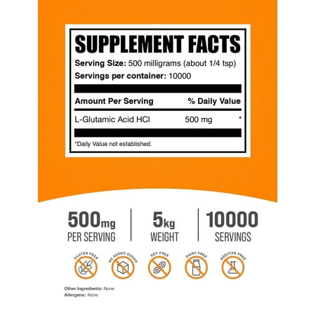BulkSupplements L-Glutamic Acid HCl Powder - 500mg per Serving - 5 Kilograms (11 lbs) - 10000 Servings